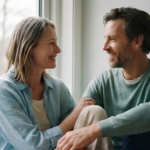 Pareja sentada conversando y sonriéndose con complicidad