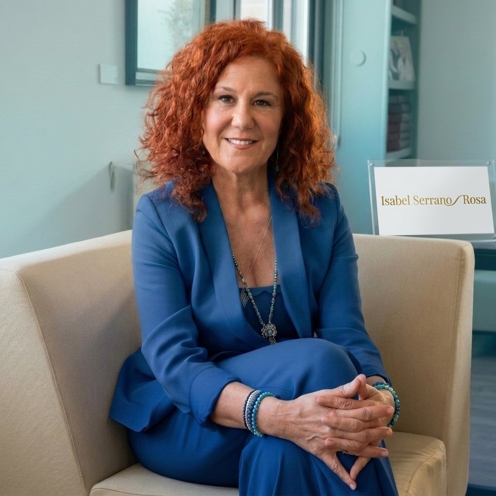 Isabel Serrano-Rosa sonriendo, sentada en un sillón de su consulta